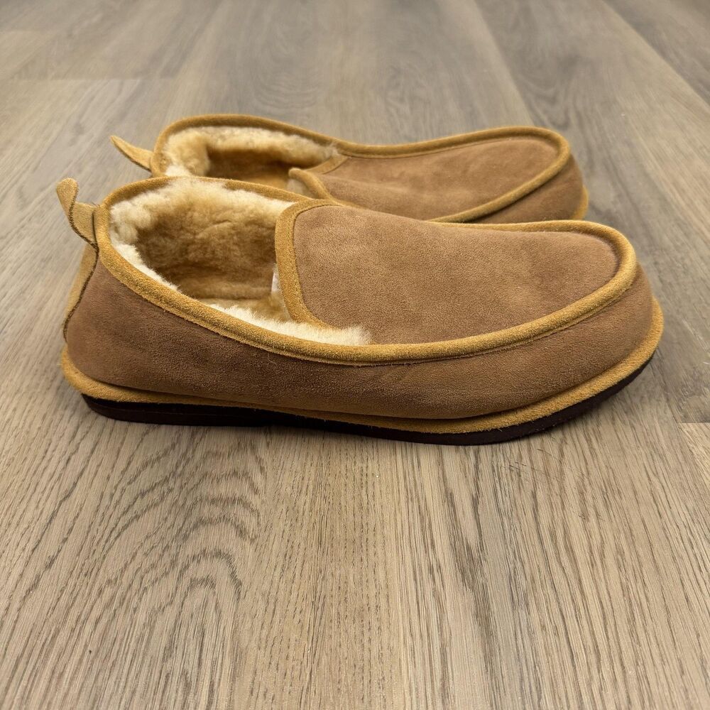 L.L. Bean Slipper Shoes Mens Size 12 Brown Suede Shearling Lined Moccasin Indoor